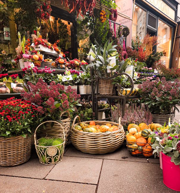 An outdoor display of fresh flowers and plants arranged on the pavement in front of a flower shop on West Heath High Street. The arrangement includes various potted plants and flowers such as pink chr